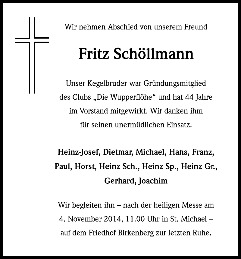  Traueranzeige für Fritz Schöllmann vom 01.11.2014 aus Kölner Stadt-Anzeiger / Kölnische Rundschau / Express