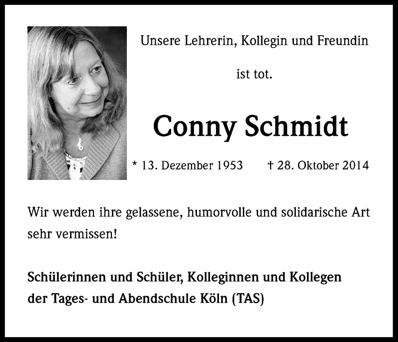  Traueranzeige für Kornelia Schmidt vom 01.11.2014 aus Kölner Stadt-Anzeiger / Kölnische Rundschau / Express