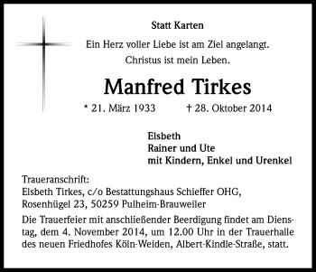 Anzeige von Manfred Tirkes von Kölner Stadt-Anzeiger / Kölnische Rundschau / Express