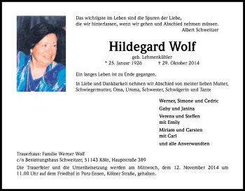 Anzeige von Hildegard Wolf von Kölner Stadt-Anzeiger / Kölnische Rundschau / Express