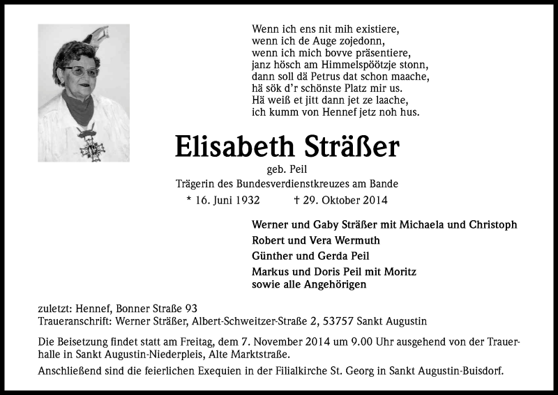  Traueranzeige für Elisabeth Sträßer vom 01.11.2014 aus Kölner Stadt-Anzeiger / Kölnische Rundschau / Express