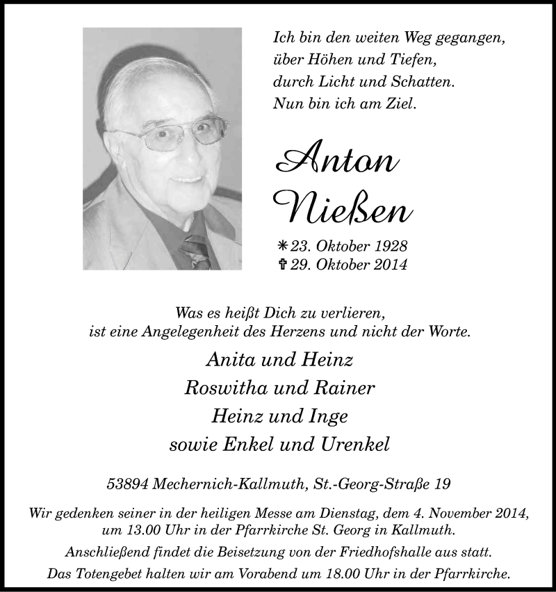  Traueranzeige für Anton Nießen vom 01.11.2014 aus Kölner Stadt-Anzeiger / Kölnische Rundschau / Express