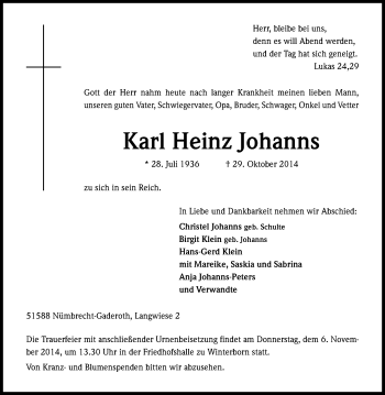 Anzeige von Karl Heinz Johanns von Kölner Stadt-Anzeiger / Kölnische Rundschau / Express