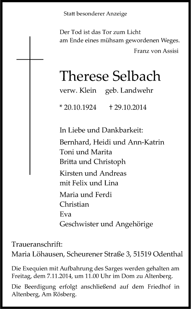  Traueranzeige für Therese Selbach vom 01.11.2014 aus Kölner Stadt-Anzeiger / Kölnische Rundschau / Express