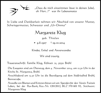 Anzeige von Margarete Klug von Kölner Stadt-Anzeiger / Kölnische Rundschau / Express