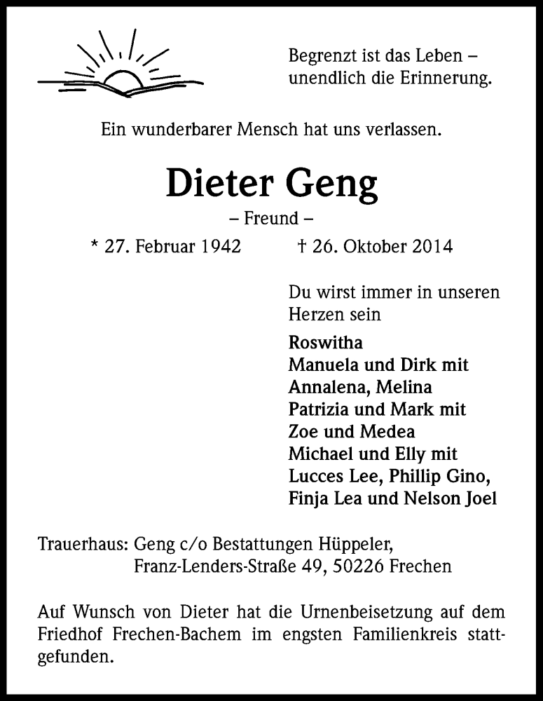  Traueranzeige für Dieter Geng vom 08.11.2014 aus Kölner Stadt-Anzeiger / Kölnische Rundschau / Express