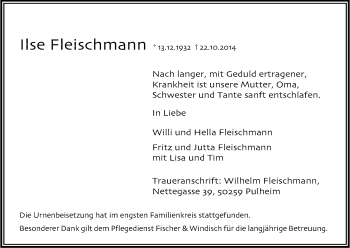 Anzeige von Ilse Fleischmann von Kölner Stadt-Anzeiger / Kölnische Rundschau / Express