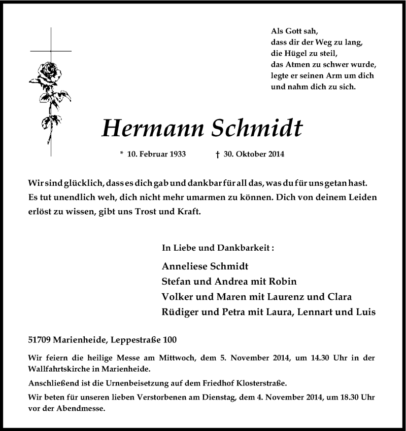  Traueranzeige für Hermann Schmidt vom 01.11.2014 aus Kölner Stadt-Anzeiger / Kölnische Rundschau / Express
