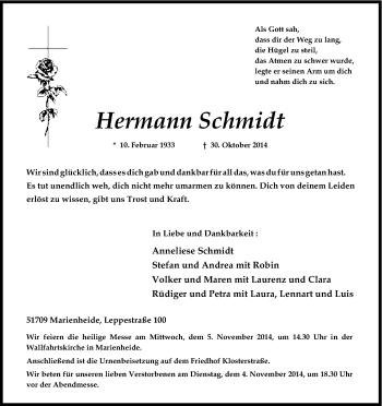 Anzeige von Hermann Schmidt von Kölner Stadt-Anzeiger / Kölnische Rundschau / Express