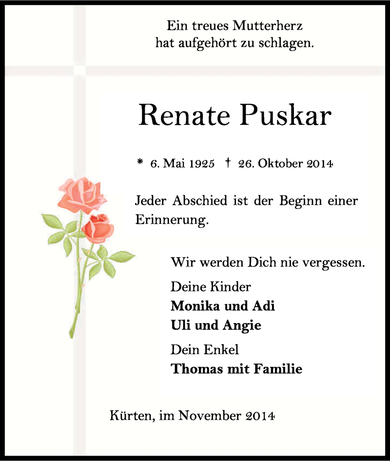  Traueranzeige für Renate Puskar vom 01.11.2014 aus Kölner Stadt-Anzeiger / Kölnische Rundschau / Express