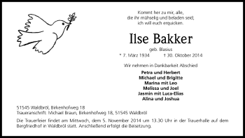 Anzeige von Ilse Bakker von Kölner Stadt-Anzeiger / Kölnische Rundschau / Express