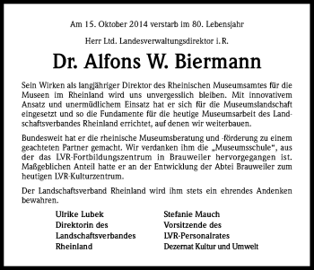 Anzeige von Alfons W. Biermann von Kölner Stadt-Anzeiger / Kölnische Rundschau / Express
