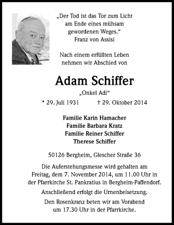 Anzeige von Adam Schiffer von Kölner Stadt-Anzeiger / Kölnische Rundschau / Express