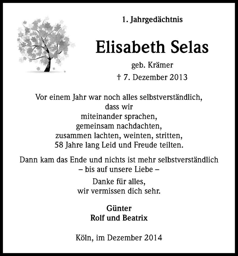  Traueranzeige für Elisabeth Selas vom 06.12.2014 aus Kölner Stadt-Anzeiger / Kölnische Rundschau / Express