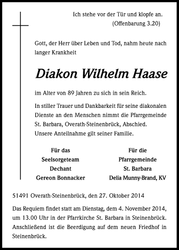 Anzeige von Wilhelm Haase von Kölner Stadt-Anzeiger / Kölnische Rundschau / Express