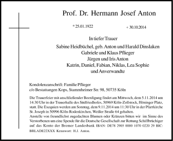 Anzeige von Hermann Josef  Anton von Kölner Stadt-Anzeiger / Kölnische Rundschau / Express