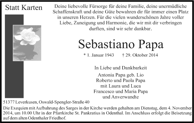  Traueranzeige für Sebastiano Papa vom 03.11.2014 aus Kölner Stadt-Anzeiger / Kölnische Rundschau / Express