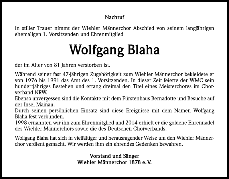  Traueranzeige für Wolfgang Blaha vom 03.11.2014 aus Kölner Stadt-Anzeiger / Kölnische Rundschau / Express