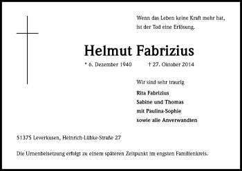 Anzeige von Helmut Fabrizius von Kölner Stadt-Anzeiger / Kölnische Rundschau / Express