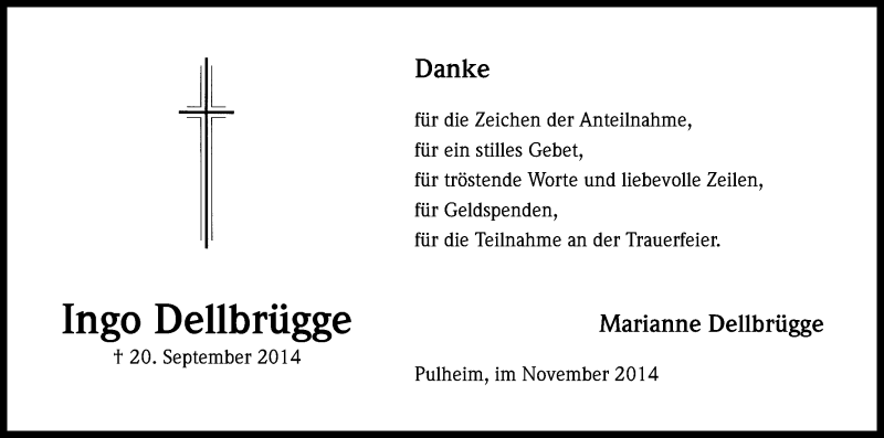  Traueranzeige für Ingo Dellbrügge vom 05.11.2014 aus Kölner Stadt-Anzeiger / Kölnische Rundschau / Express