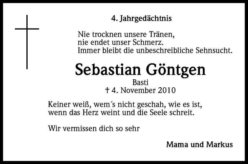  Traueranzeige für Sebastian Göntgen vom 04.11.2014 aus Kölner Stadt-Anzeiger / Kölnische Rundschau / Express