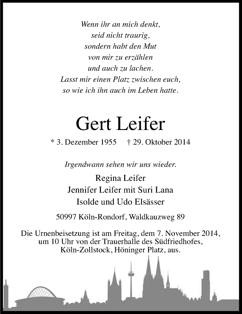  Traueranzeige für Gert Leifer vom 05.11.2014 aus Kölner Stadt-Anzeiger / Kölnische Rundschau / Express