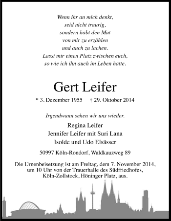 Anzeige von Gert Leifer von Kölner Stadt-Anzeiger / Kölnische Rundschau / Express