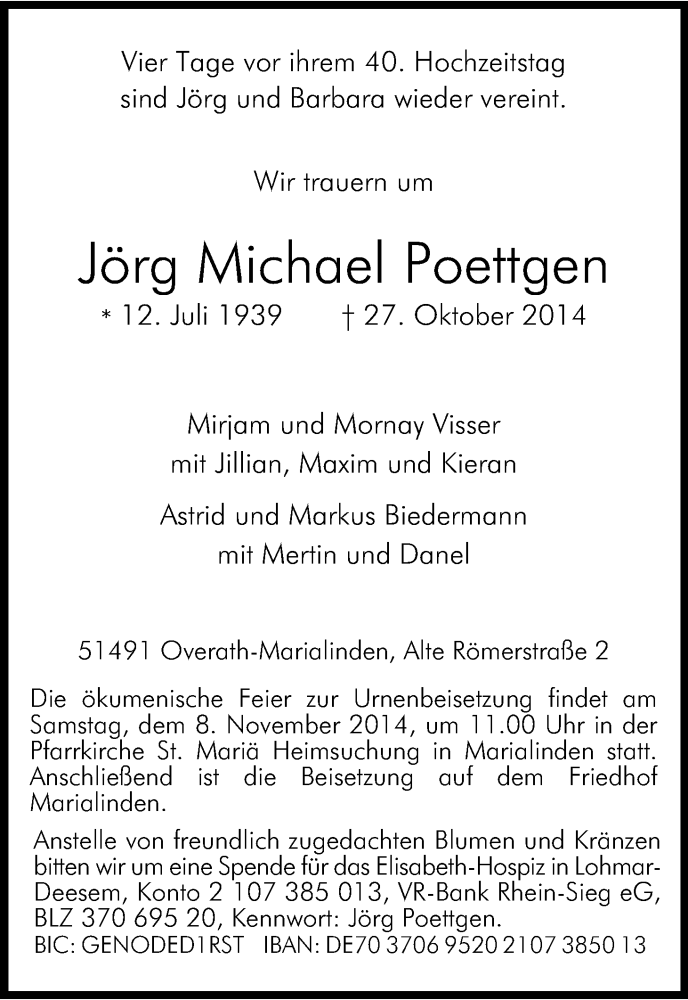  Traueranzeige für Jörg Michael Poettgen vom 05.11.2014 aus Kölner Stadt-Anzeiger / Kölnische Rundschau / Express