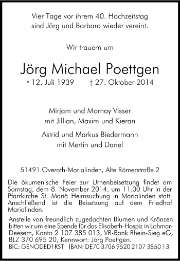 Anzeige von Jörg Michael Poettgen von Kölner Stadt-Anzeiger / Kölnische Rundschau / Express