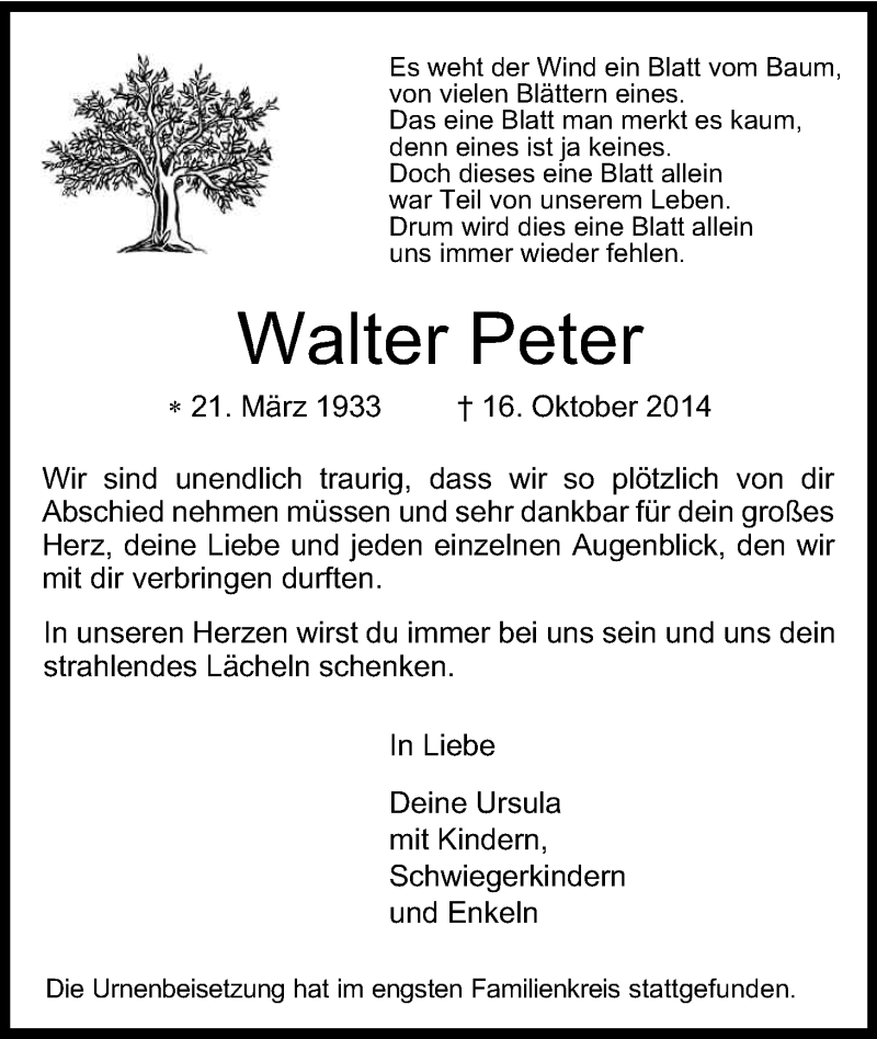  Traueranzeige für Walter Peter vom 05.11.2014 aus Kölner Stadt-Anzeiger / Kölnische Rundschau / Express