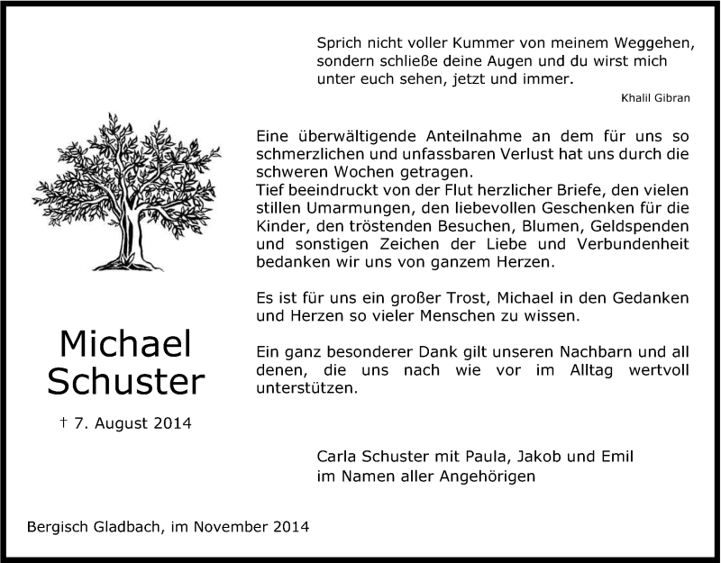  Traueranzeige für Michael Schuster vom 05.11.2014 aus Kölner Stadt-Anzeiger / Kölnische Rundschau / Express