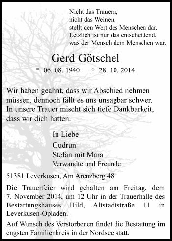 Anzeige von Gerd Götschel von Kölner Stadt-Anzeiger / Kölnische Rundschau / Express
