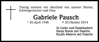 Anzeige von Gabriele Pausch von Kölner Stadt-Anzeiger / Kölnische Rundschau / Express