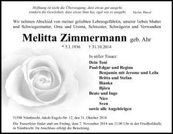Anzeige von Melitta Zimmermann von Kölner Stadt-Anzeiger / Kölnische Rundschau / Express