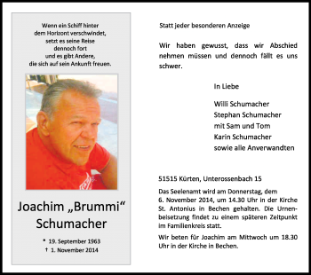 Anzeige von Joachim Schumacher von Kölner Stadt-Anzeiger / Kölnische Rundschau / Express