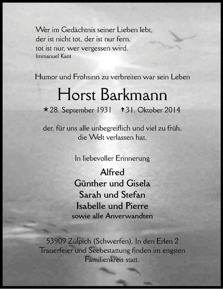  Traueranzeige für Horst Barkmann vom 04.11.2014 aus Kölner Stadt-Anzeiger / Kölnische Rundschau / Express