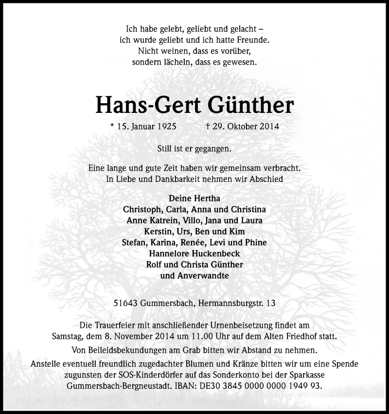  Traueranzeige für Hans-Gert Günther vom 04.11.2014 aus Kölner Stadt-Anzeiger / Kölnische Rundschau / Express