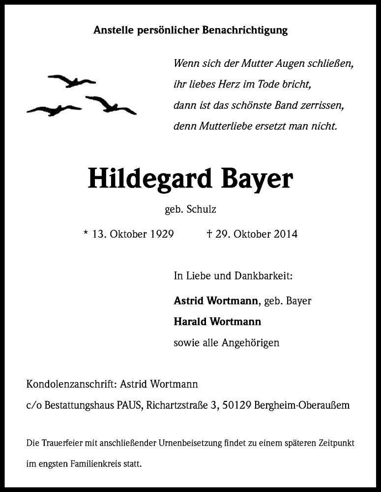  Traueranzeige für Hildegard Bayer vom 05.11.2014 aus Kölner Stadt-Anzeiger / Kölnische Rundschau / Express