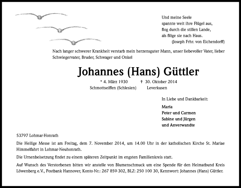  Traueranzeige für Johannes Güttler vom 04.11.2014 aus Kölner Stadt-Anzeiger / Kölnische Rundschau / Express