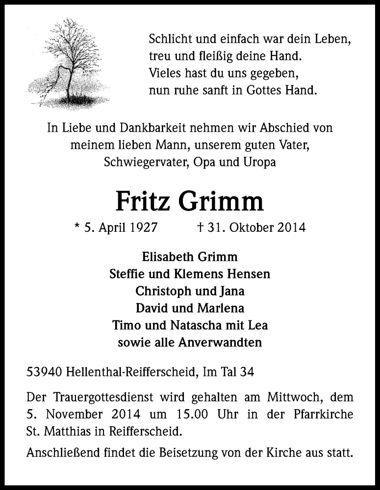  Traueranzeige für Fritz Grimm vom 04.11.2014 aus Kölner Stadt-Anzeiger / Kölnische Rundschau / Express