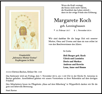 Anzeige von Margarete Koch von Kölner Stadt-Anzeiger / Kölnische Rundschau / Express