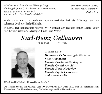 Anzeige von Karl-Heinz Gelhausen von Kölner Stadt-Anzeiger / Kölnische Rundschau / Express