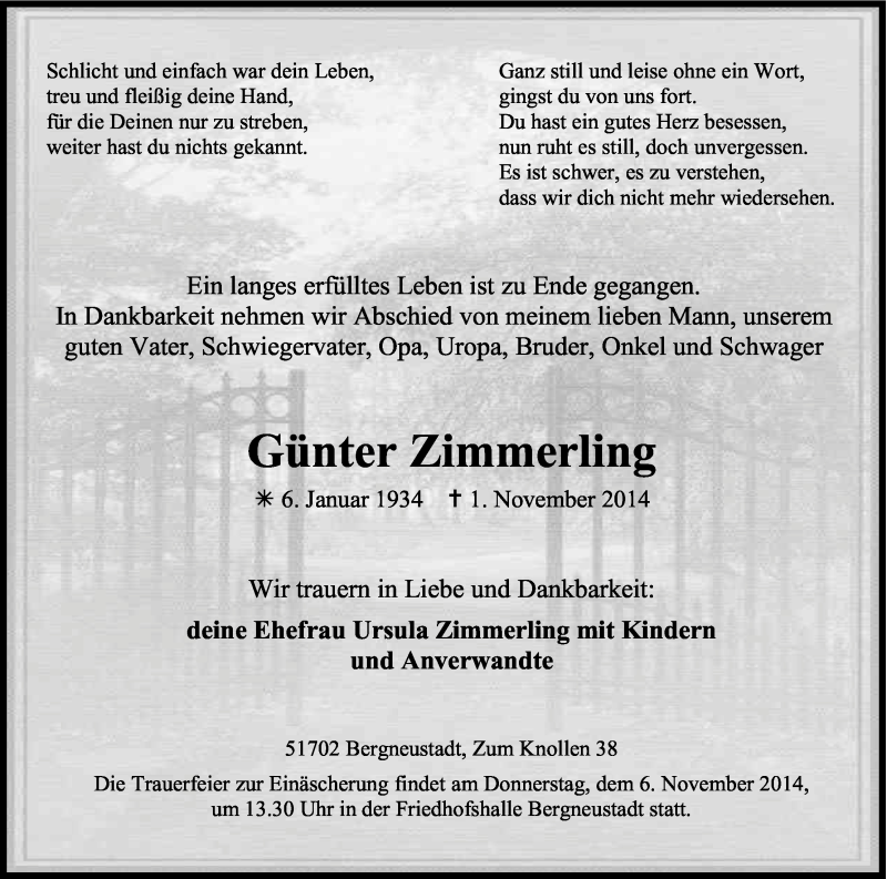  Traueranzeige für Günter Zimmerling vom 04.11.2014 aus Kölner Stadt-Anzeiger / Kölnische Rundschau / Express