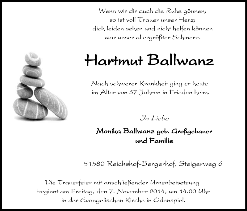  Traueranzeige für Hartmut Ballwanz vom 04.11.2014 aus Kölner Stadt-Anzeiger / Kölnische Rundschau / Express