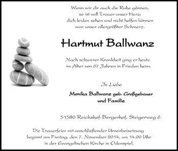 Anzeige von Hartmut Ballwanz von Kölner Stadt-Anzeiger / Kölnische Rundschau / Express