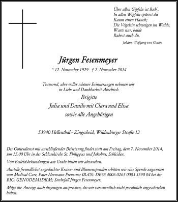 Anzeige von Jürgen Fesenmeyer von Kölner Stadt-Anzeiger / Kölnische Rundschau / Express