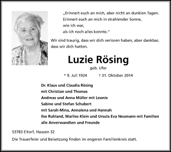Anzeige von Luzie Rösing von Kölner Stadt-Anzeiger / Kölnische Rundschau / Express