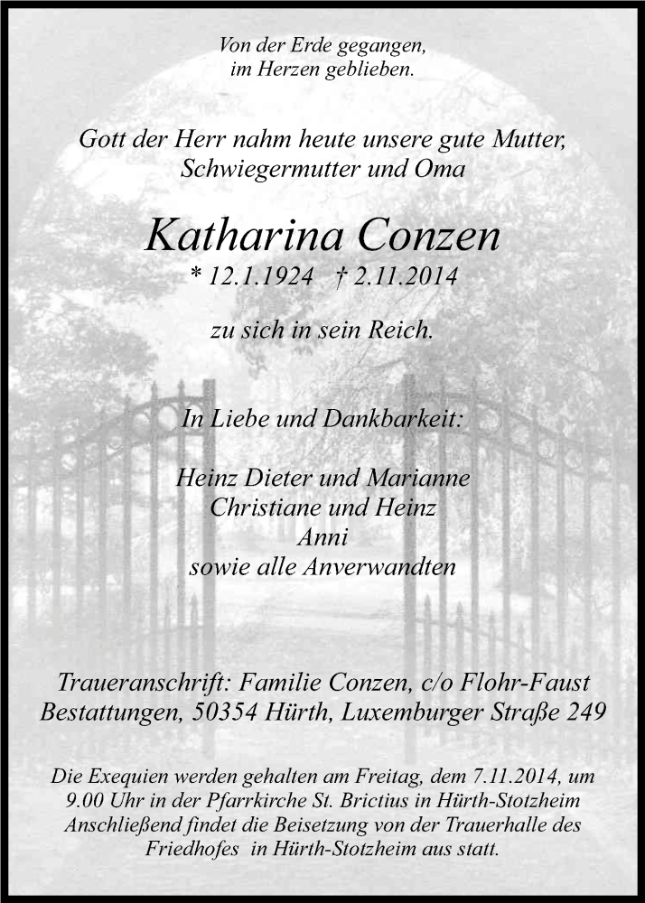  Traueranzeige für Katharina Conzen vom 05.11.2014 aus Kölner Stadt-Anzeiger / Kölnische Rundschau / Express