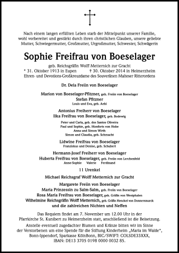 Anzeige von Sophie Freifrau von Boeselager von Kölner Stadt-Anzeiger / Kölnische Rundschau / Express