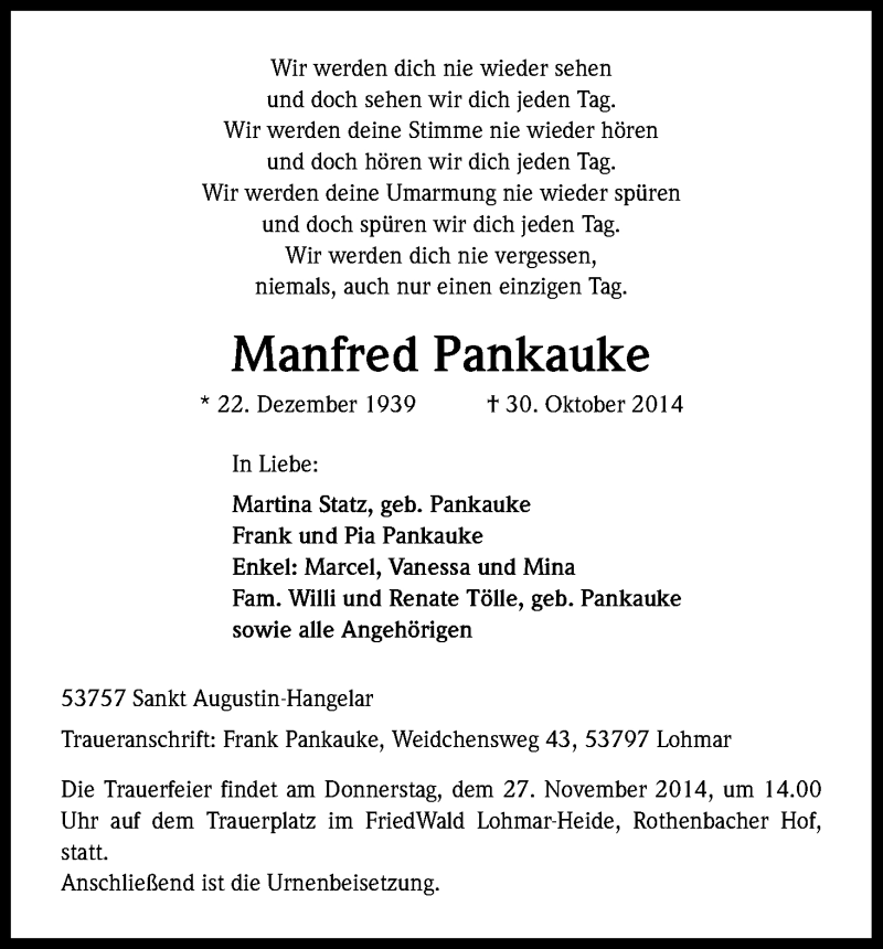  Traueranzeige für Manfred Pankauke vom 08.11.2014 aus Kölner Stadt-Anzeiger / Kölnische Rundschau / Express